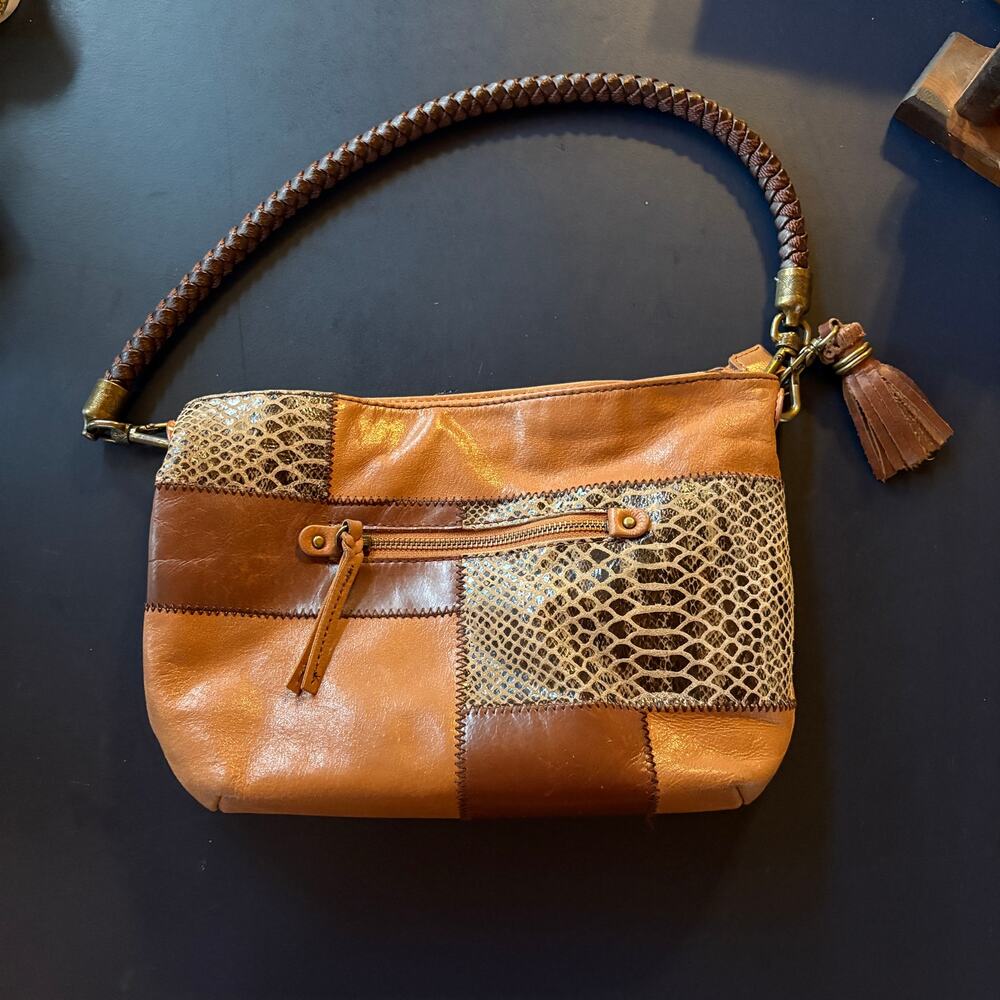 The Sak Patchwork Leather Shoulder Bag in Brown and Tan